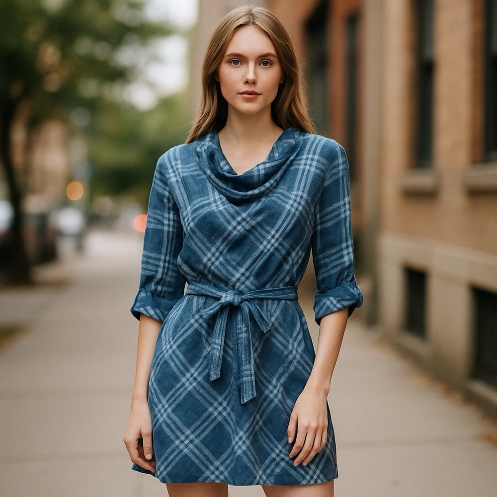 Banana republic blue Plaid Vintage 3/4 Length Sleeve Midi Dresses for Women 8